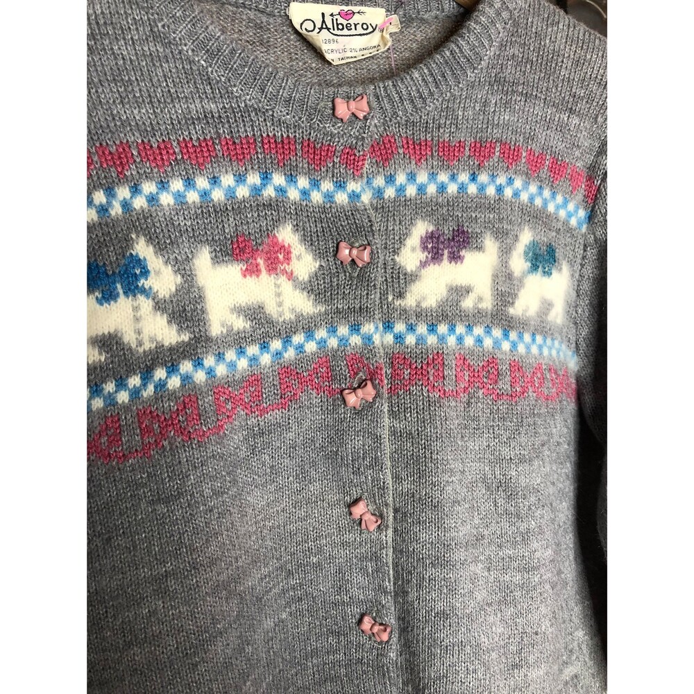 1970s ALBEROY Bow, RIBBON, Hearts, & Angora DOGs Cardigan W/Bow Buttons. S-M - Picture 5 of 16